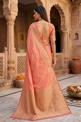 Light orange color pure soft silk blend women's zari woven sarees