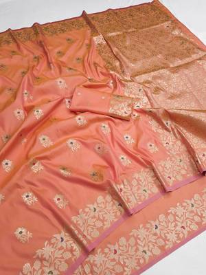 Light orange color pure soft silk blend women's zari woven sarees 4