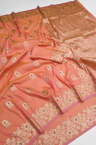 Light orange color pure soft silk blend women's zari woven sarees