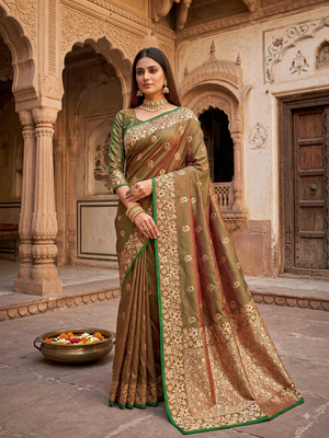 Mehendi green color pure soft silk blend women's zari woven sarees 1