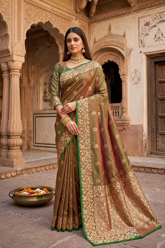 Mehendi green color pure soft silk blend women's zari woven sarees