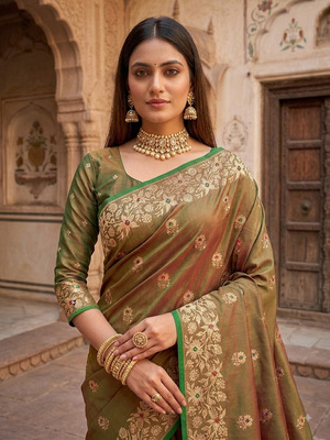 Mehendi green color pure soft silk blend women's zari woven sarees 2