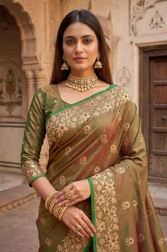 Mehendi green color pure soft silk blend women's zari woven sarees