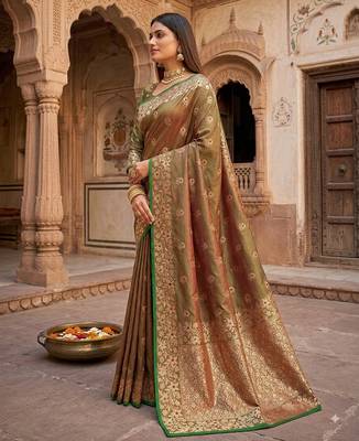 Mehendi green color pure soft silk blend women's zari woven sarees 3