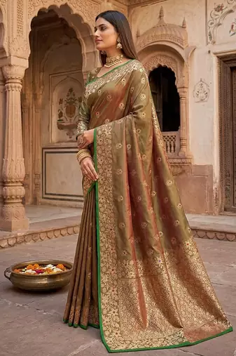 Mehendi green color pure soft silk blend women's zari woven sarees