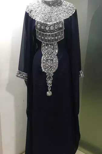 Black long sleeves silver beading dubai kaftan
