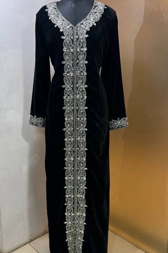 Black velve heavy silver panel work takchita kaftan