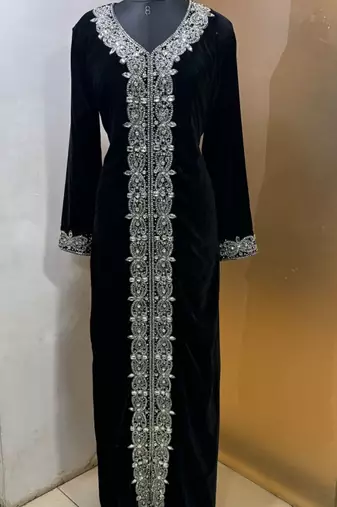Black velve heavy silver panel work takchita kaftan