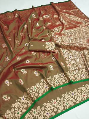 Mehendi green color pure soft silk blend women's zari woven sarees 5