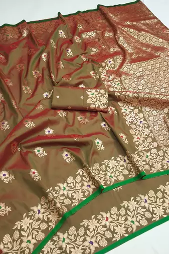 Mehendi green color pure soft silk blend women's zari woven sarees