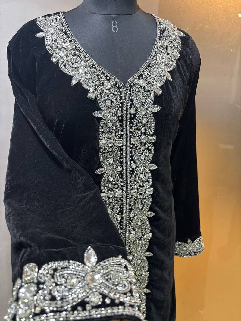 Black velve heavy silver panel work takchita kaftan