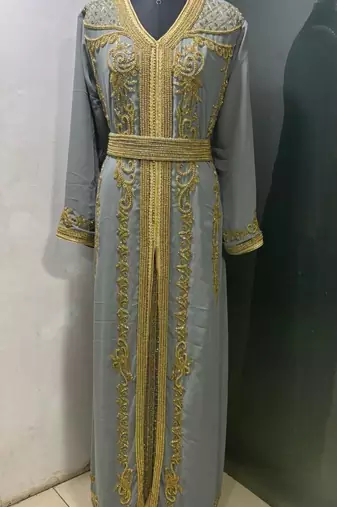 Grey gold embroidery takchita kaftan