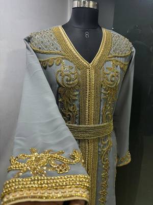 Grey gold embroidery takchita kaftan 2