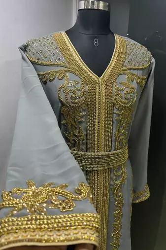 Grey gold embroidery takchita kaftan