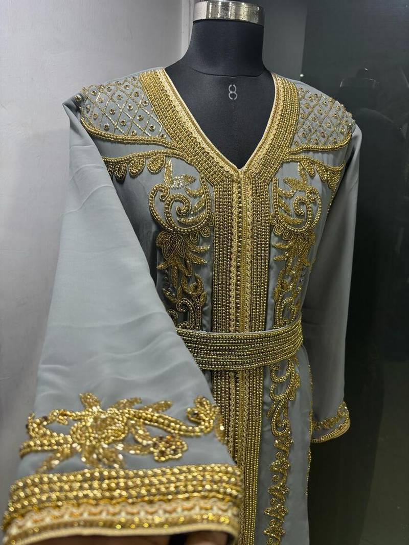 Grey gold embroidery takchita kaftan