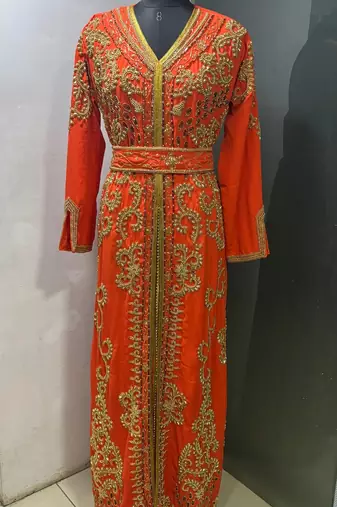 Orange gold embroidery takchita kaftan