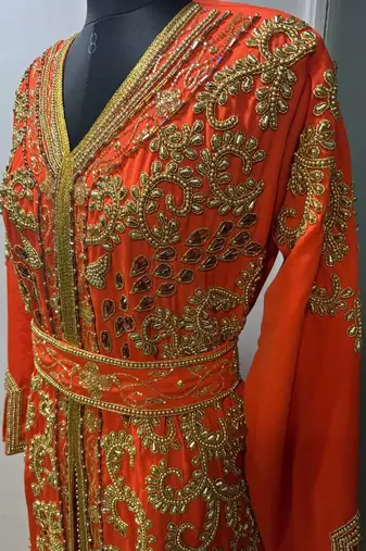 Orange gold embroidery takchita kaftan