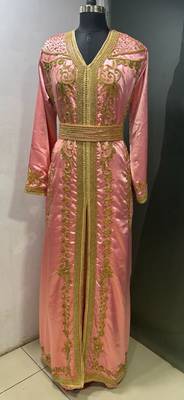 Peach satin gold beaded moroccan dubai kaftan 1