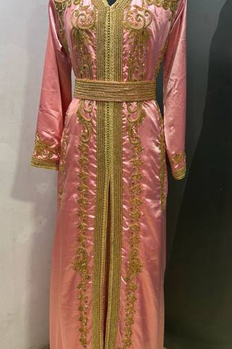 Peach satin gold beaded moroccan dubai kaftan
