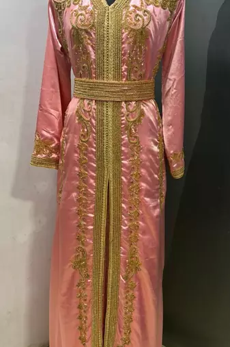 Peach satin gold beaded moroccan dubai kaftan