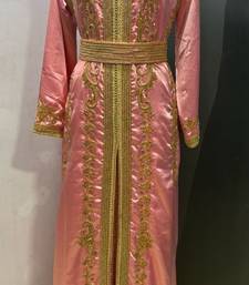 Peach satin gold beaded moroccan dubai kaftan