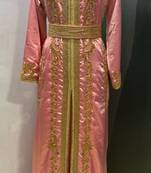 Peach satin gold beaded moroccan dubai kaftan