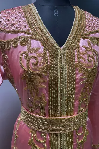 Peach satin gold beaded moroccan dubai kaftan