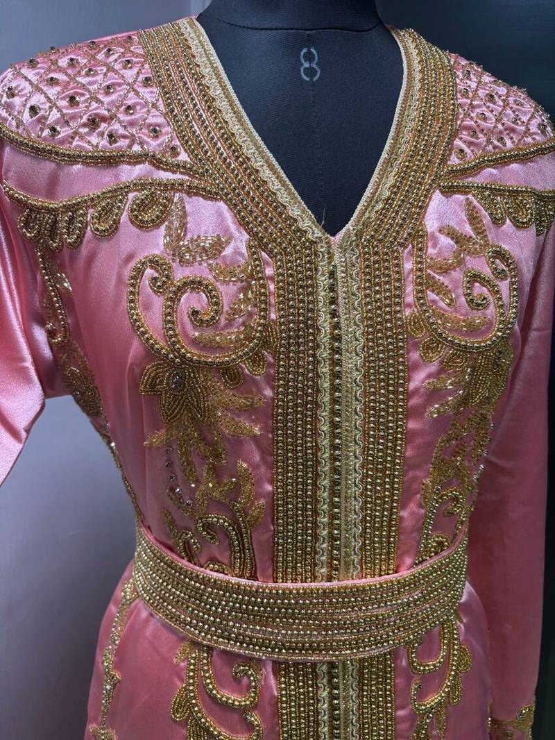 Peach satin gold beaded moroccan dubai kaftan