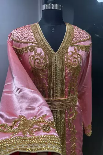 Peach satin gold beaded moroccan dubai kaftan