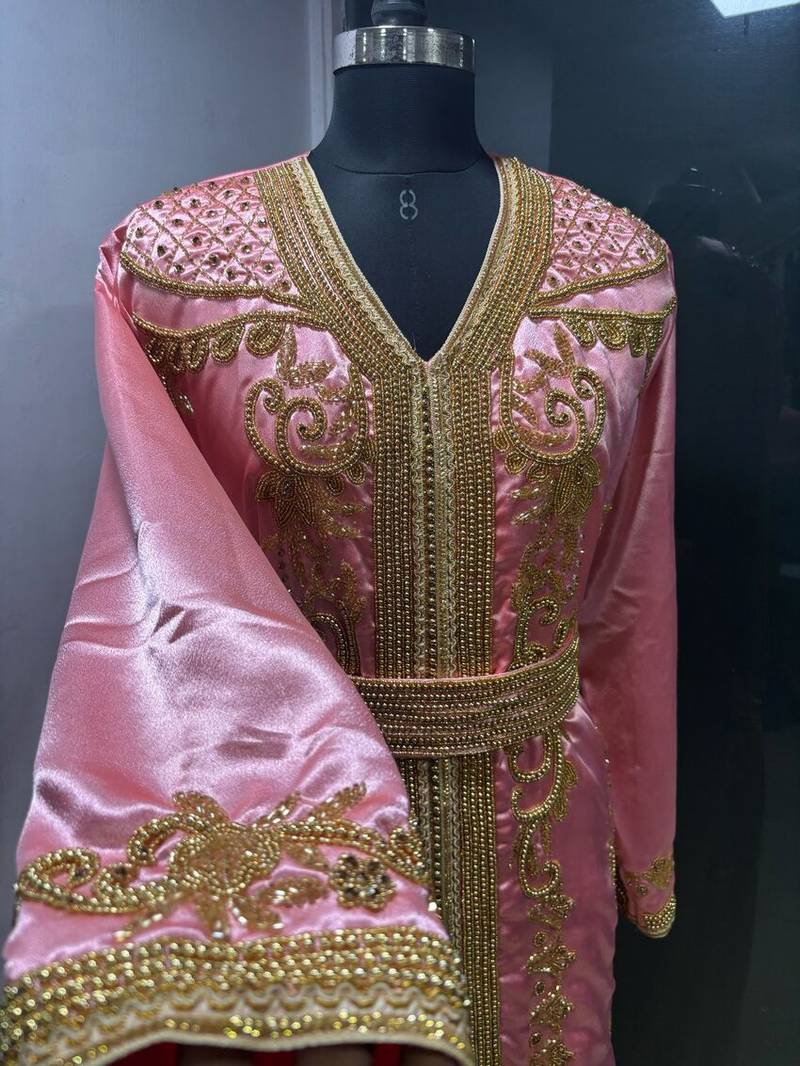 Peach satin gold beaded moroccan dubai kaftan