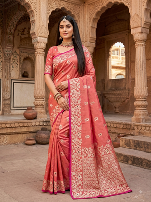 Light pink color pure soft silk blend women's zari woven sarees 1