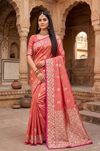 Light pink color pure soft silk blend women's zari woven sarees