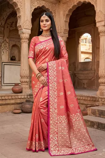 Light pink color pure soft silk blend women's zari woven sarees