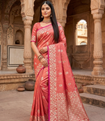 Light pink color pure soft silk blend women's zari woven sarees