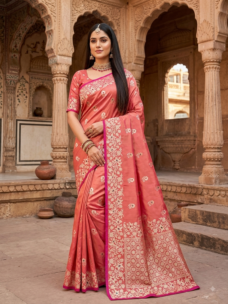 Light pink color pure soft silk blend women's zari woven sarees