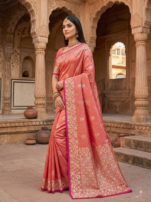 Light pink color pure soft silk blend women's zari woven sarees 3