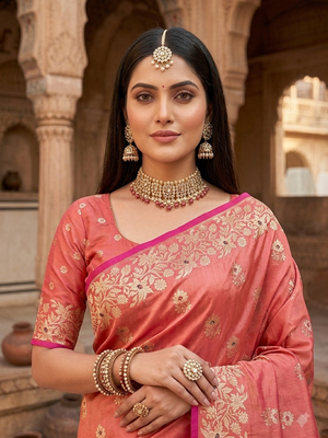 Light pink color pure soft silk blend women's zari woven sarees 4