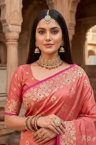 Light pink color pure soft silk blend women's zari woven sarees