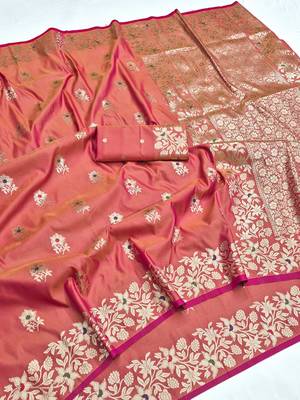 Light pink color pure soft silk blend women's zari woven sarees 5