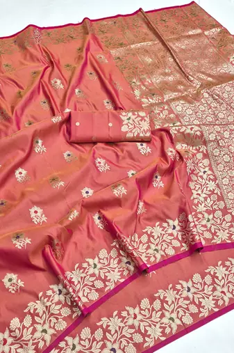 Light pink color pure soft silk blend women's zari woven sarees