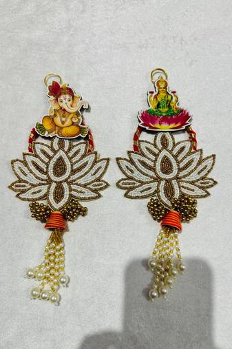 decorative ganesh lakshmi pearl lotus door hanging for home decor diwali pooja festival decoration (pack of 2)