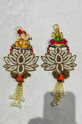 decorative ganesh lakshmi pearl lotus door hanging for home decor diwali pooja festival decoration (pack of 2)