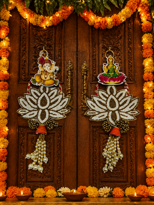 decorative ganesh lakshmi pearl lotus door hanging for home decor diwali pooja festival decoration (pack of 2) 2