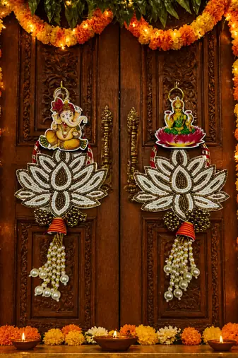 decorative ganesh lakshmi pearl lotus door hanging for home decor diwali pooja festival decoration (pack of 2)