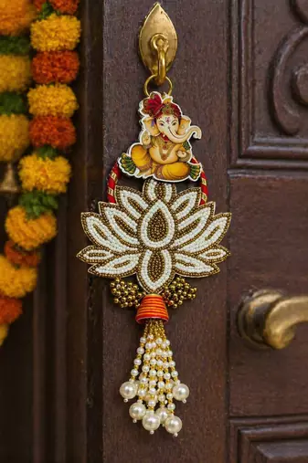 decorative ganesh lakshmi pearl lotus door hanging for home decor diwali pooja festival decoration (pack of 2)