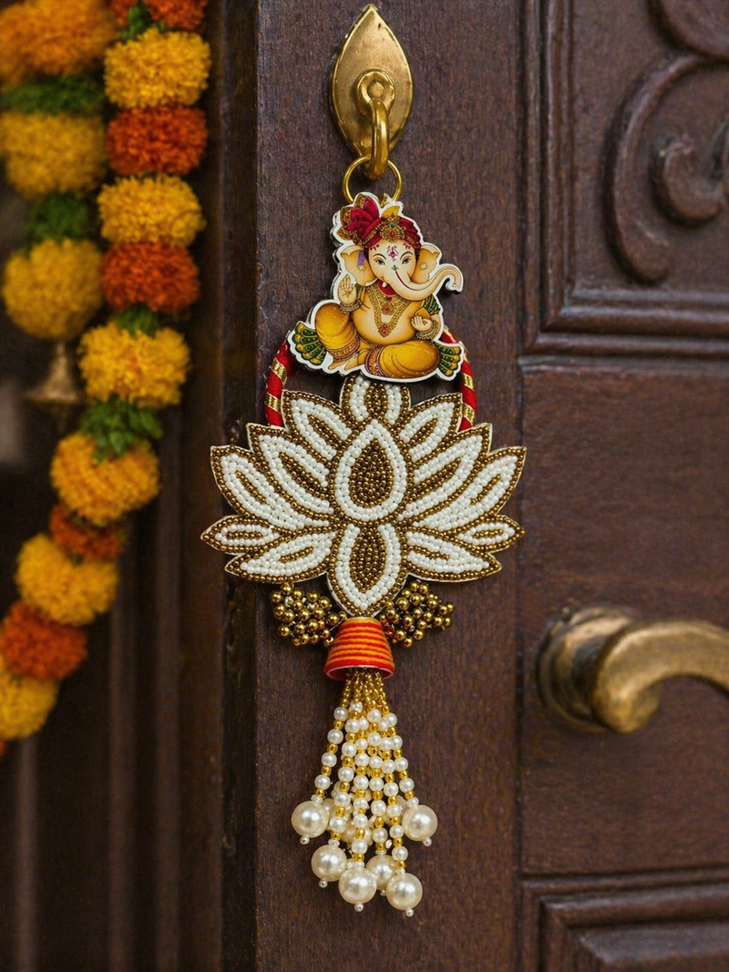 decorative ganesh lakshmi pearl lotus door hanging for home decor diwali pooja festival decoration (pack of 2)