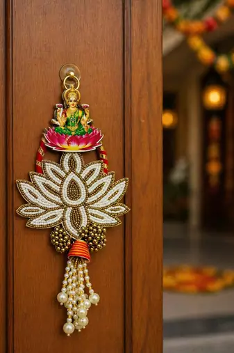 decorative ganesh lakshmi pearl lotus door hanging for home decor diwali pooja festival decoration (pack of 2)