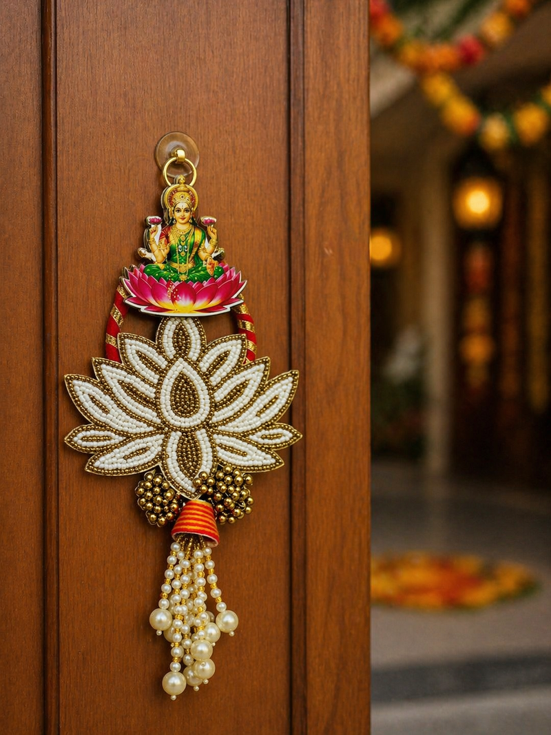 decorative ganesh lakshmi pearl lotus door hanging for home decor diwali pooja festival decoration (pack of 2)