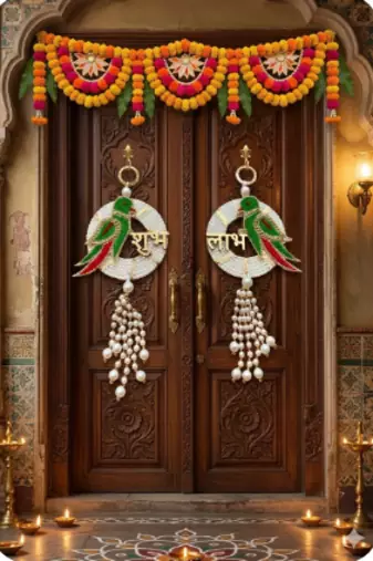 handmade shubh labh parrot door hanging decorative  traditional wall hanging decor for home decor (pack of 2)