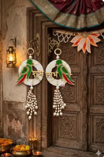 handmade shubh labh parrot door hanging decorative  traditional wall hanging decor for home decor (pack of 2)